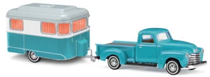 HO 1:87 Busch # 48243 - 1950 Chevrolet Pickup w/Nagetusch Camper Trailer - Teal - Picture 1 of 1
