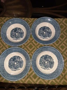 CURRIER and IVES Vintage 4 Fruit / Dessert Bowls Blue "Old Farm Gate" - Picture 1 of 5