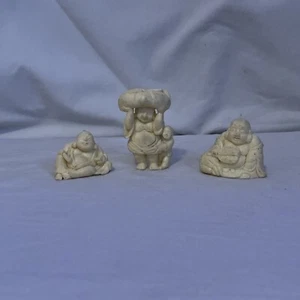 Vintage 3 Mix Resin Cream Chinese Buddha Figurine W/ Young Boy & Bundle on Head - Picture 1 of 11