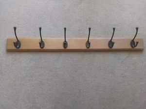 Solid Oak Wooden Coat Rack Rail Cast Iron 6 Traditional Hooks Handmade and waxed - Picture 1 of 5