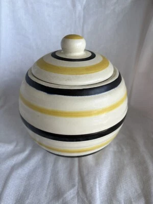 Vintage Robinson Ransbottom Co Cookie Jar Round With Yellow & Black Stripes - Image 1 of 4