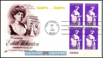 USA 1980 EDITH WHARTON AMERICAN NOVALIST #39393 FV FACE 60 CENT STAMP BLOCK FDC - Image 1 of 2