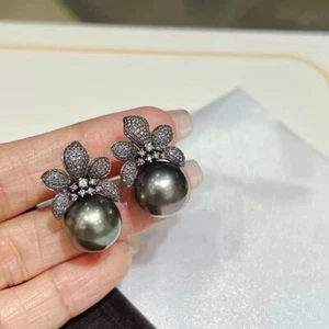 charming pair of 10-11mm tahitian round black pearl dangle earring 925s(mj) - Picture 1 of 3
