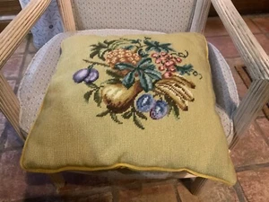 Vintage Handmade Needlepoint Throw Pillow~Fruit & Berries on Gold ~16”x16" - Picture 1 of 3