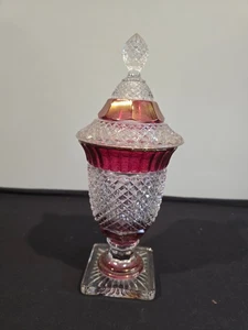 Vintage Ruby Flash Pedestal Apothecary Jar Pressed Glass Candy Jar with Lid MCM - Picture 1 of 13