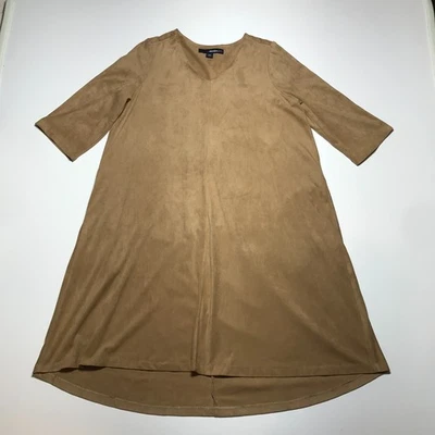 Denim 24/7 Shift Dress Womens 14W Faux-Suede Brown Half Sleeves Relaxed V-Neck - Image 1 of 4