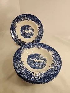 Wedgwood Queen's Ware ROMANTIC ENGLAND Blue Round 9" Soup Bowl Set Of 5 Bowls - Picture 1 of 4
