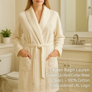 Lauren Ralph Lauren Cream Quilted Collar Robe L Cotton Belted Logo NWOT - Picture 1 of 8