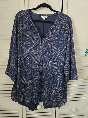 Lucky Brand 1X Shirt  Blue Paisley Notch Neck 3/4 Sleeve Stretch Plus Size  GUC  - Image 1 of 4