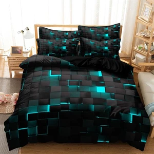 3pcs Lake Blue Quilt Duvet Cover Bedding Set Grid Check Printed Soft Comfortable - Picture 1 of 9