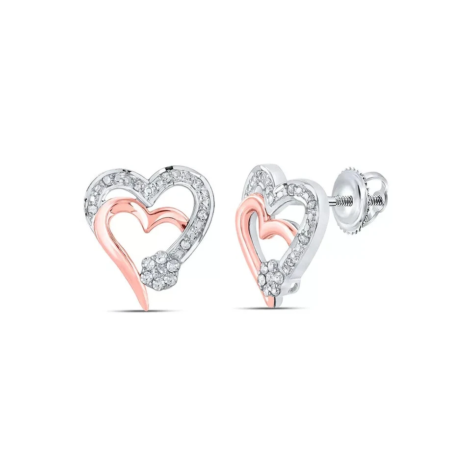 10k Two-tone Gold Round Real Diamond Heart Earrings 1/6 Cttw Girls Womens - Image 1 of 1