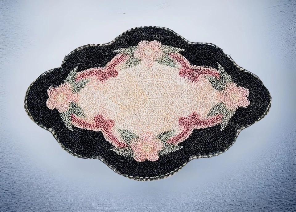 Vintage Hand Hooked Silk Floral Uniquely Shaped Rug Dollhouse Mini Scale 1:12 - Image 1 of 4