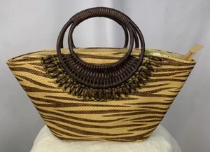 Vintage Capelli Brown Beige Tiger Stripe Beaded Straw Woven Handbag Rattan Y2K - Picture 1 of 17