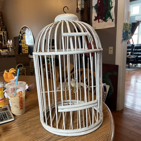 Handmade wooden bird cage , 12 Inches Round, 18 Inches Tall, 2 Birds Inside Cover