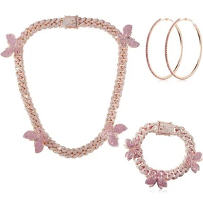 ✅3 Piece Butterfly Cuban Jewelry Set Cuban Chain Necklace Women Rhinestones✅ - Picture 1 of 4