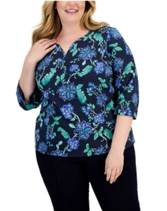 Karen Scott Plus Size Printed 3/4-Sleeve Henley Top, Intrepid Blue Sz-2X - Picture 1 of 3