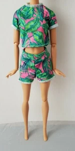 New Mattel Barbie Doll Outfit Pink Green Leaf Pajamas Fashion Outfit Shorts Top - Picture 1 of 5