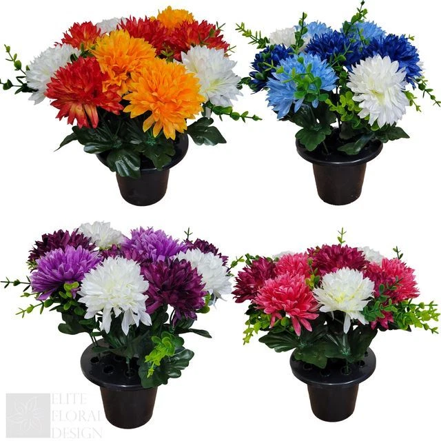 Memorial Grave Cemetery Pots Artificial Flowers Chrysanthemums with Eucalyptus