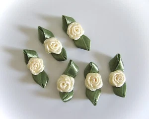 MINIATURE IVORY RIBBON ROSES WITH LEAVES - 1 INCH LONG - 6 PIECE PACKAGE - Picture 1 of 1