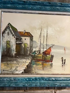 Original gerahmtes Vintage SEELANDSCHAFT Ölgemälde auf Leinwand - signiert "Almon" Baldwin? - Bild 1 von 10