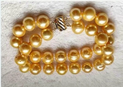 Stunning 2 rows AAA 9-10mm natural South sea golden pearl bracelet 7.5-8" 14k - Image 1 of 2