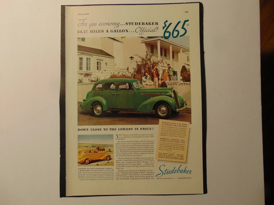 1936 STUDEBAKER Green suicide doors $665 price print ad - Image 1 of 1