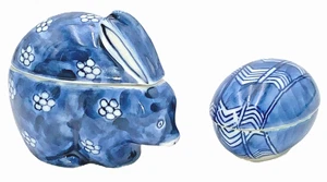 Vintage 1960's Fitz & Floyd Trinket Boxes BUNNY RABBIT, EGG Blue/White Porcelain - Picture 1 of 10
