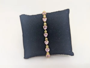 10K Yellow Gold Pink Cubic Zirconia CZ Heart 7.5” Tennis Bracelet (13 Grams) - Picture 1 of 7