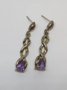 Vintage Sterling Silver 925 Amethyst Twisted Dangle Earrings - Picture 1 of 5