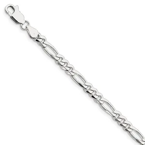 5.25mm Rhodium Sterling Silver Solid Figaro Chain Bracelet, 8 Inch - Picture 1 of 6