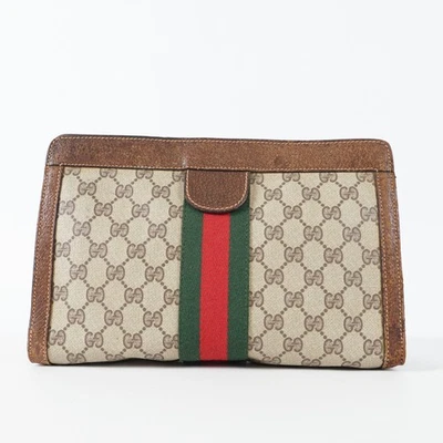 Vintage GUCCI Web Sherry Line Clutch Hand Bag Purse PVC Leather Brown 1103825018 - Image 1 of 4