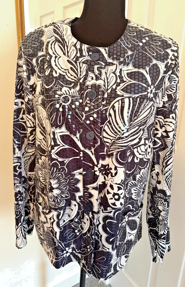 Chaqueta Blazer Alfred Dunner Talla 14 Impresionante Azul Marino Blanco Audaz Floral Brillante Foto 1 de 4