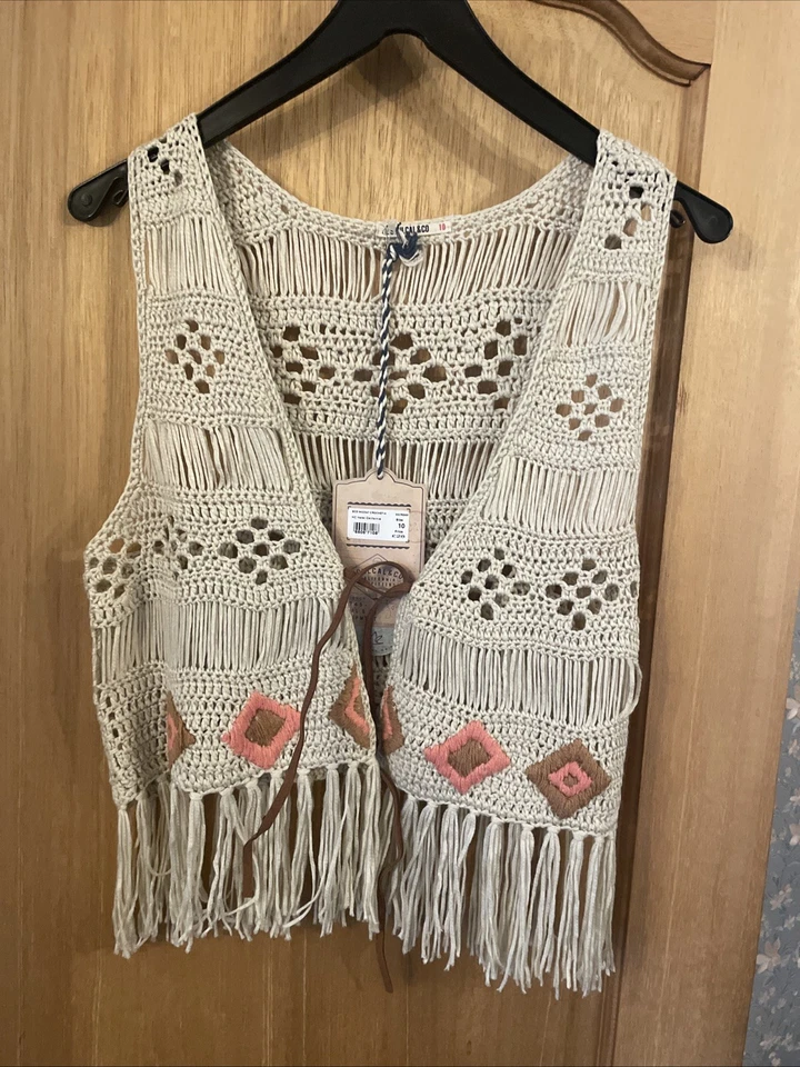 Lovely Beige Crochet Fringed Boho Waistcoat  With Coloured Shapes  10 New Tags - Image 1 of 4