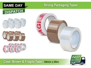 Strong Buff Brown Clear Packaging Parcel Packing Tape 48mm x 66m Fragile sticky - Picture 1 of 1