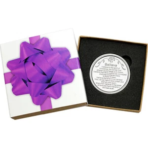 SilverTowne Believe Saying 1oz .999 Fine Silver Round in Purple Ribbon Gift Box - Picture 1 of 8