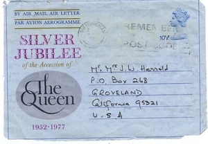 Gran Bretaña 1977 Plata Jubileo correo aéreo aerograma papelería hoja de carta a EE. UU. - Imagen 1 de 3