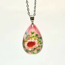 Real Dried Pressed Flower Resin Teardrop Necklace, Boho Pink Green Cute Gift