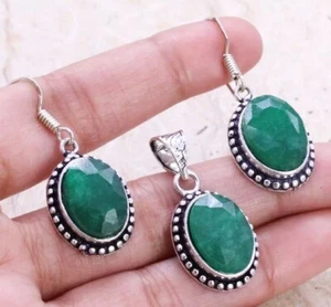 NATÜRLICHE OVALE GRÜNE SMARAGD 925 STERLINGSILBER ANHÄNGER OHRRINGE SCHMUCK SET - Bild 1 von 3