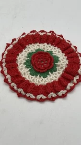 "Soporte para olla de ganchillo vintage hecho a mano, con rosa roja 5,5""" - Imagen 1 de 1