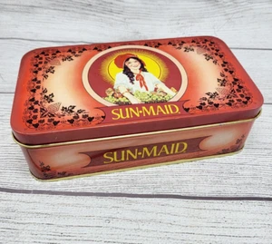 Vintage 1988 Red Sun-Maid Raisins Metal Advertising Tin Girl in Bonnet - Picture 1 of 5