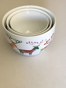 2014 CRATE & BARREL JENNY BOWERS CHRISTMAS SET OF 3 NESTING BOWLS REINDEER  - Picture 1 of 12
