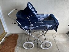 Antique Vintage Perego Italian Navy Blue Baby Carriage Stroller Plaid