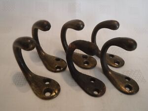 Six Antique Solid Brass Coat Hooks