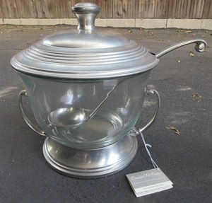 VINTAGE QUEEN ART BROOKLYN PEWTER GLASS PUNCH BOWL wLADLE DRIP BASE wHANDLES - Picture 1 of 12