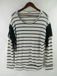Vocal Size XL Black White Striped Pullover Sweater Fringe Long Sleeve Boho Women - Picture 1 of 9