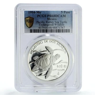 Mexico 5 pesos Two Worlds Encounter Wildlife Turtle Fauna PR68 PCGS Ag coin 1994 - Image 1 of 2