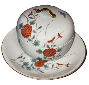 EUC! Vintage Fukagawa Porzellan Arita Deckelschale mit Fußteller ~ Blumen / Vögel - Bild 1 von 13