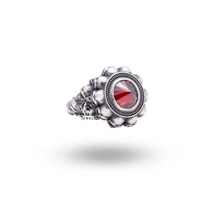 Inverted Skulls Gothic Biker Rider Cubic Zircon Garnet Stone Ring 925 Silver - Bild 1 von 4