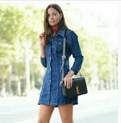 Zara Denim Dress Blue Button Down Sz M Stretch Fabric - Image 1 of 4