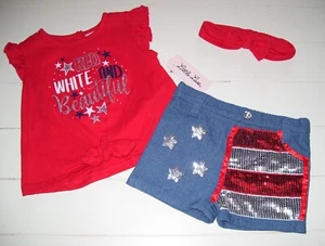 Little Lass 3 Pc Red White & Beautiful Shirt Shorts Headband Outfit Sz 18M 24M - Picture 1 of 4